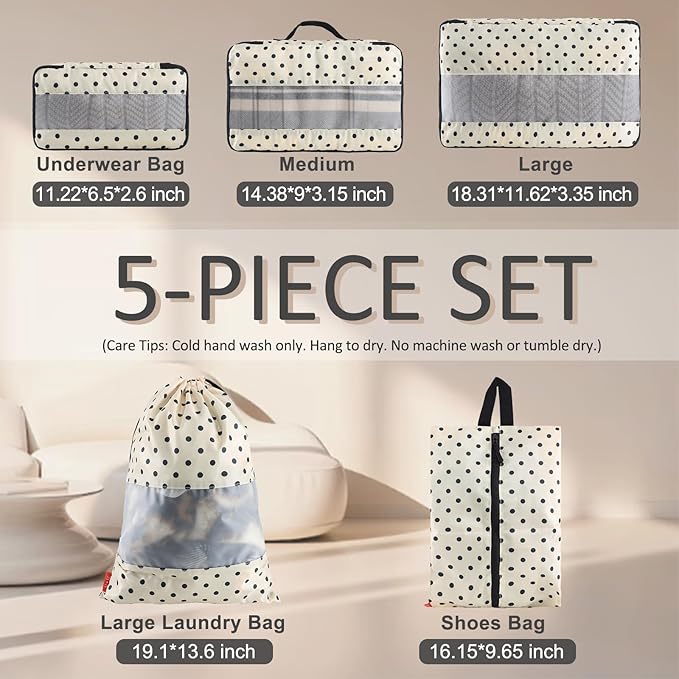 U+U 5 Set Packing Cubes, Travel Organizers with Shoe Bag (Polka Dot) | Ultralight Design & Easy Travel Organization - Image 3