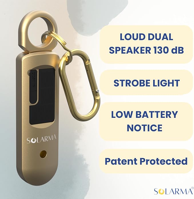 Personal Safety Alarm for Women - Loud Self Defense Siren, Waterproof Keychain with Strobe Light - Solar Rechargeable, Gold - Image 3