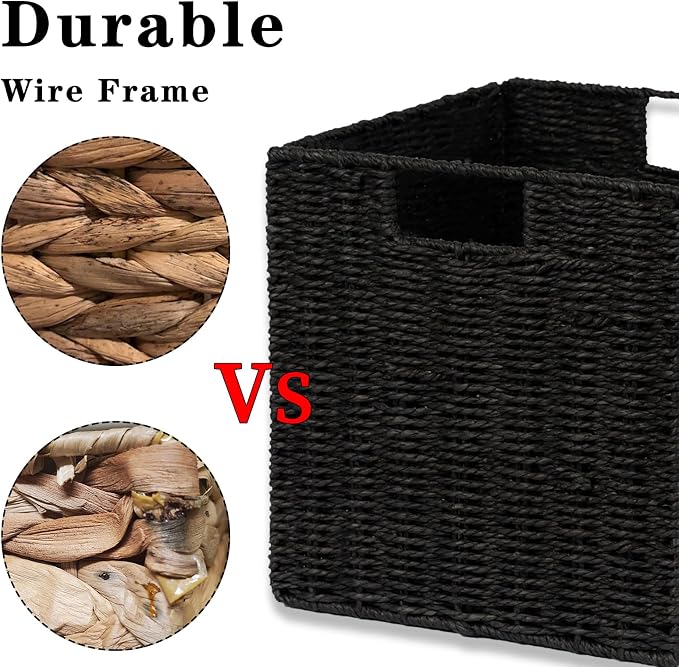 Wicker Storage Basket, Set of 2 Hand-Woven Wicker Basket, Foldable Cube Storage Bin, Black Storage Basket, Square Storage Baskets for Organizing Shelves & Decor, Black (11″×11″×11″) - Image 3