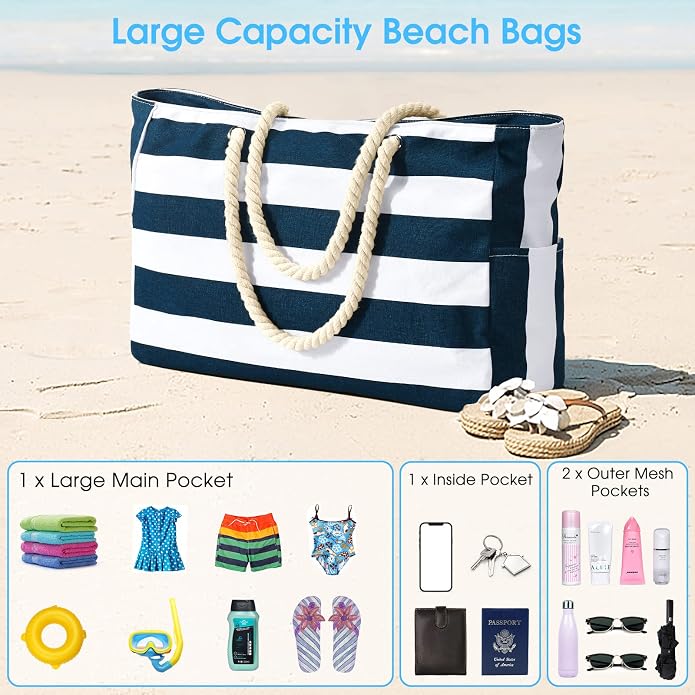 Becokan Beach Bags for Women Large Waterproof Beach Tote Bag Zipper Beach Bags Waterproof Sandproof Swim Pool Bag Large Tote - Image 7