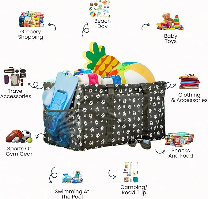 Extra Large Utility Tote Bag - Oversized Collapsible Reusable Wire Frame Rectangular Canvas Basket With Two Exterior Pockets For Beach, Pool, Laundry, Car Trunk, Storage - Dog Paw - Image 3