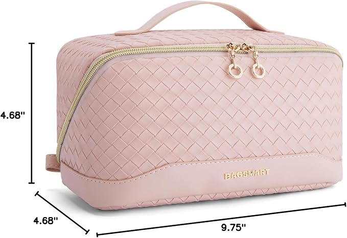 BAGSMART Makeup Bag, Travel Cosmetic Bag Organizer, PU Leather Water-Resistant Pouch, Open Flat Makeup Storage for Toiletries, Brushes, PU Leather Pink - Image 7