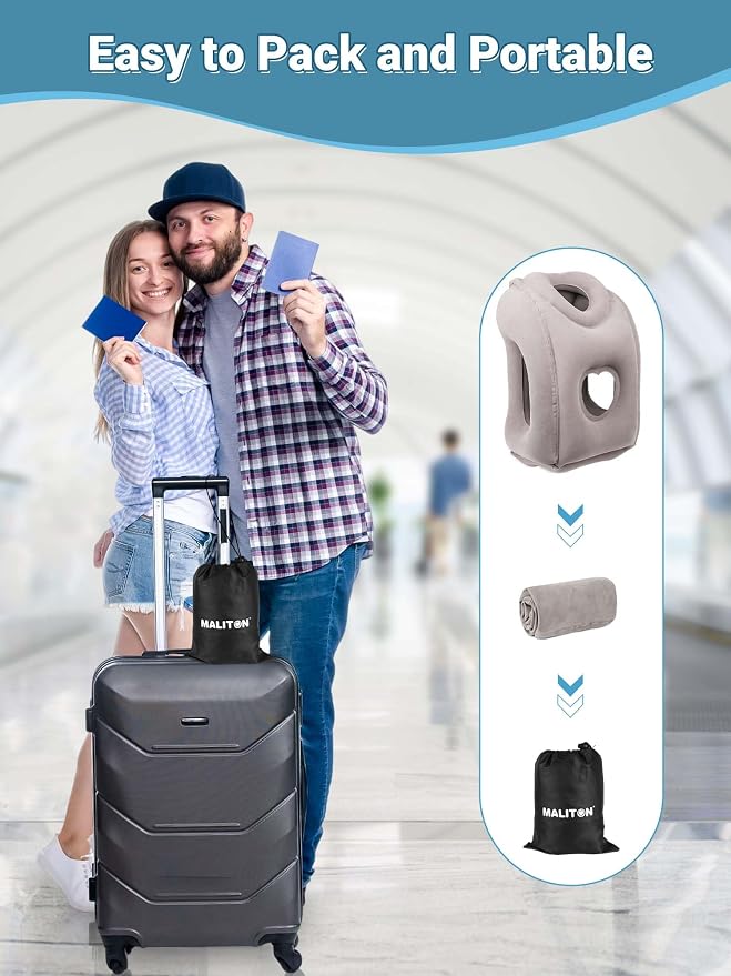Maliton Inflatable Travel Pillow for Airplane Comfortable Sleeping, (Grey) | Relieve Neck & Shoulder Pain, Support Head Inflatable Pillow for Long Flights,Used for Airplanes, Cars, Trains, Office - Image 8