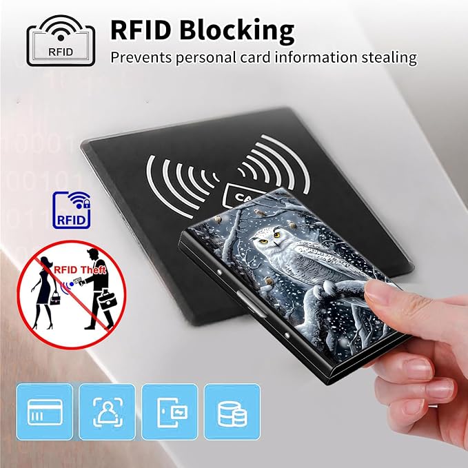 Metal Wallet,Credit Card Holder for Women Men,RFID Blocking Card Holder Mini Slim Aluminum Wallet ID Case Hard Case Business Card Holder Case,Cartoon Owl Snow - Image 3