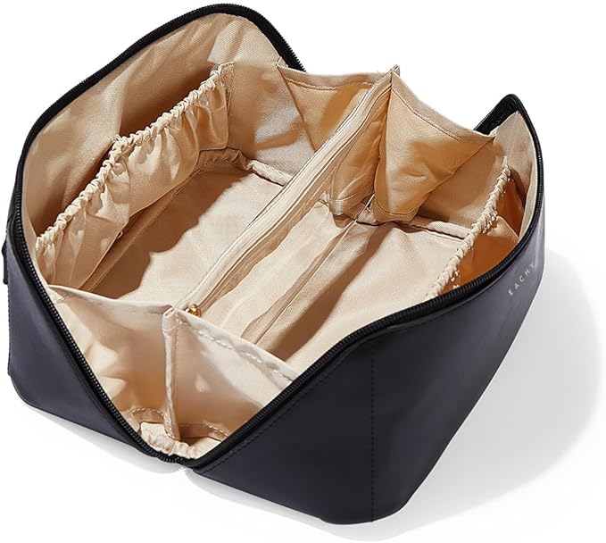 EACHY Travel Makeup Bag for Women, PU Leather Cosmetic Bag, Black, Medium | Water-resistant PU leather exterior with flat-open access, clear TPU brush compartment and organized storage for cosmetics by EACHY