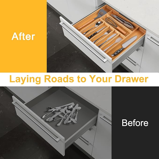 Large Premium Bamboo Silverware Organizer - Expandable Drawer Organizer & Utensil Organizer - 17"x19.7" Cutlery Tray with Dividers for Kitchen Utensils and Flatware (7-9 Slots) (Natural) - Image 4