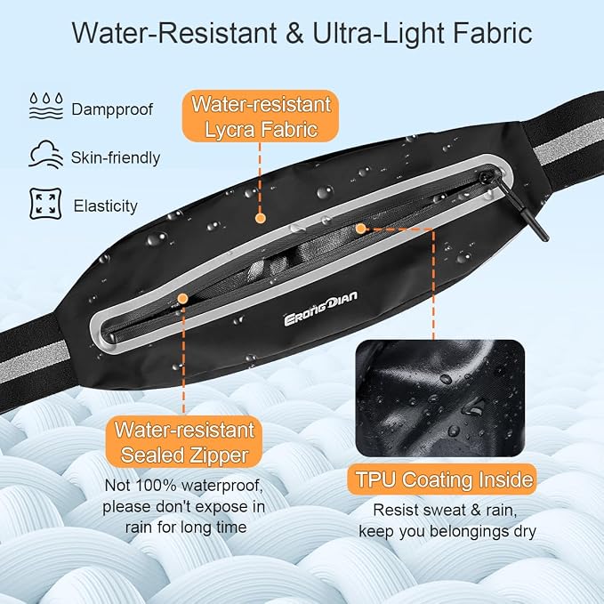 Slim Running Belt, Water Resistant Fanny Pack for Men Women Black | Ultra-Light, Widened Elastic Adjustable, No Bounce, Reflective Strip, Small Waist Pack Cell Phone Holder, Fit for All Phones - Image 4
