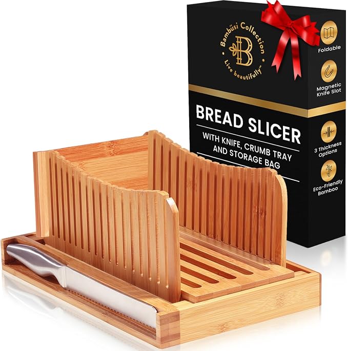 Bambüsi Bread Slicer for Homemade Bread with Knife Sourdough Cutter, Bamboo | Folds Flat for Compact Storage, 3-Thickness Slice Options, Serrated Steel Knife, Manual, Fits Loaves, Bagels, Sourdough, Cake by Bamb%C3%BCsi