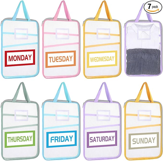 7 Pcs Packing Cubes for Travel, Days of Week Colorful Packing Cubes with Labels, Clear Clear Zippered Storage Bag for Travel Summer Camp Cruise Family Vacations Essentials by HFYZZ