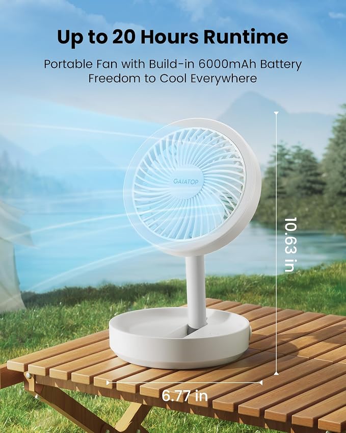 Gaiatop Foldable Desk Fan with Night Light, 6.8in Portable Travel Fan | 6000mAh Battery Powered Fan, USB Rechargeable, Bedroom Office Camping Travel & Cruise Essentials, Gifts for Women Men, White - Image 3
