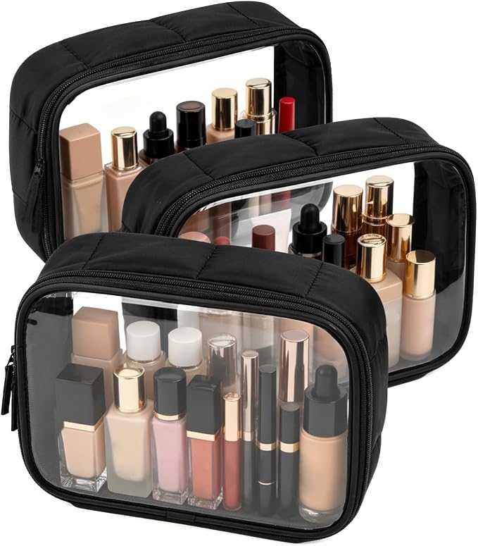Moyad TSA Approved Toiletry Bag Clear Quart Size Travel Bags Makeup Bag | Large Opening, for Men and Women, Carry on Airline Compliant, Transparent Liquids Pouch, Puffer Black by Moyad
