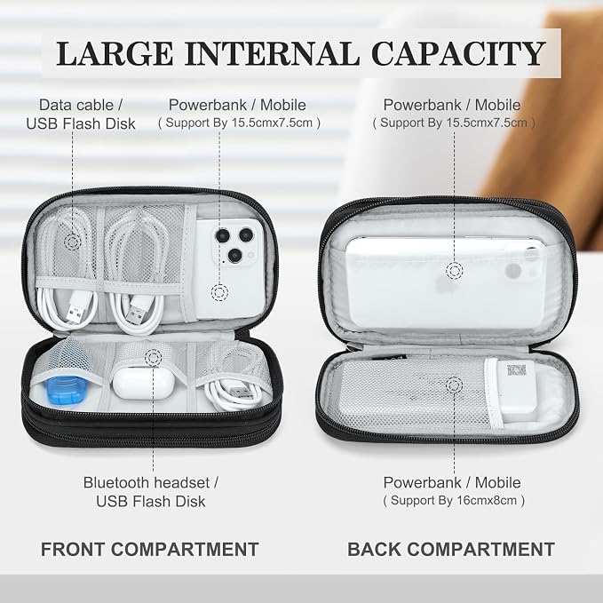 FYY Electronic Organizer, Travel Tech Pouch, Cable Organizer Black Quilted | Wrist Strap, Waterproof, Double Layers Portable Electronics Travel Carrying Case for Cord, Charger, Daily Business Trips Use - Image 3