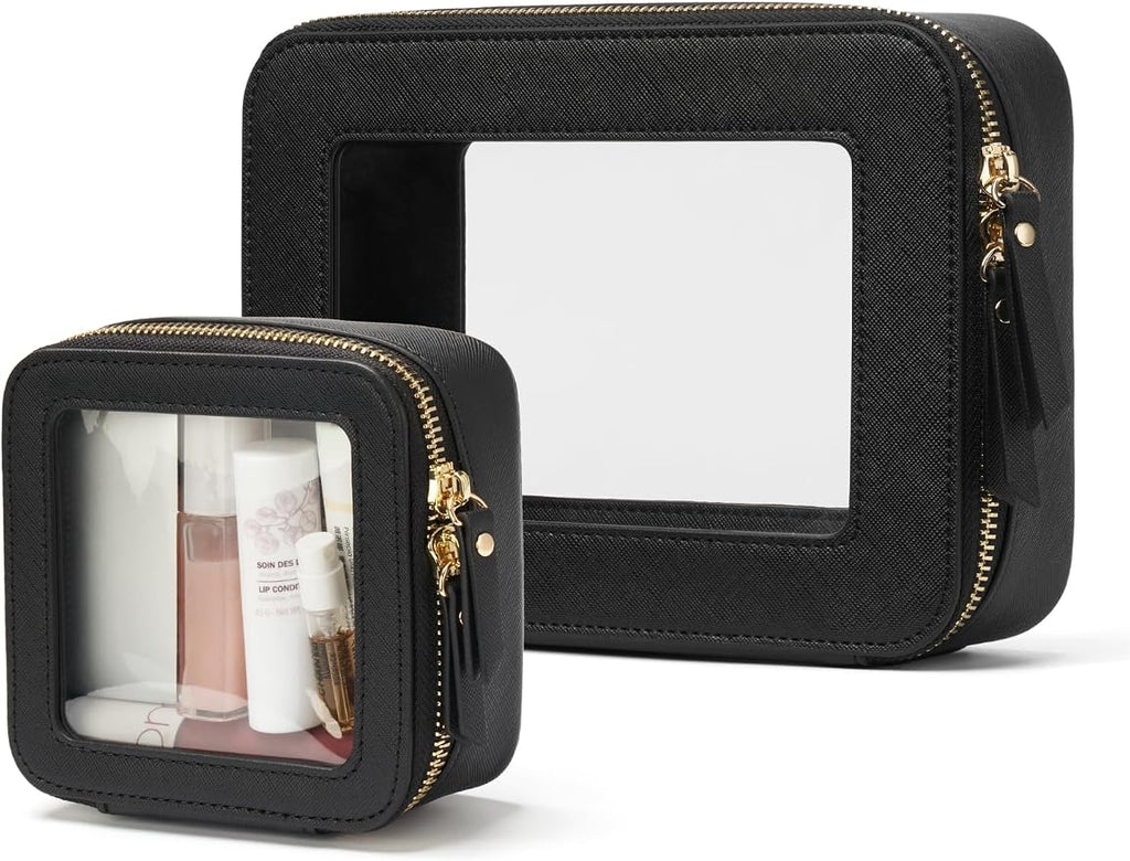 Clear Makeup Bag with Zipper, Set of 2, Mini and Medium, Black | Clear Travel Bags for Toiletries, Structured Cosmetic Case for Women, Waterproof PU Leather, Wide Open Portable Car Organier by POPVIBE
