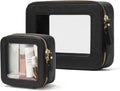 Clear Makeup Bag with Zipper, Set of 2, Mini and Medium, Black | Clear Travel Bags for Toiletries, Structured Cosmetic Case for Women, Waterproof PU Leather, Wide Open Portable Car Organier by POPVIBE