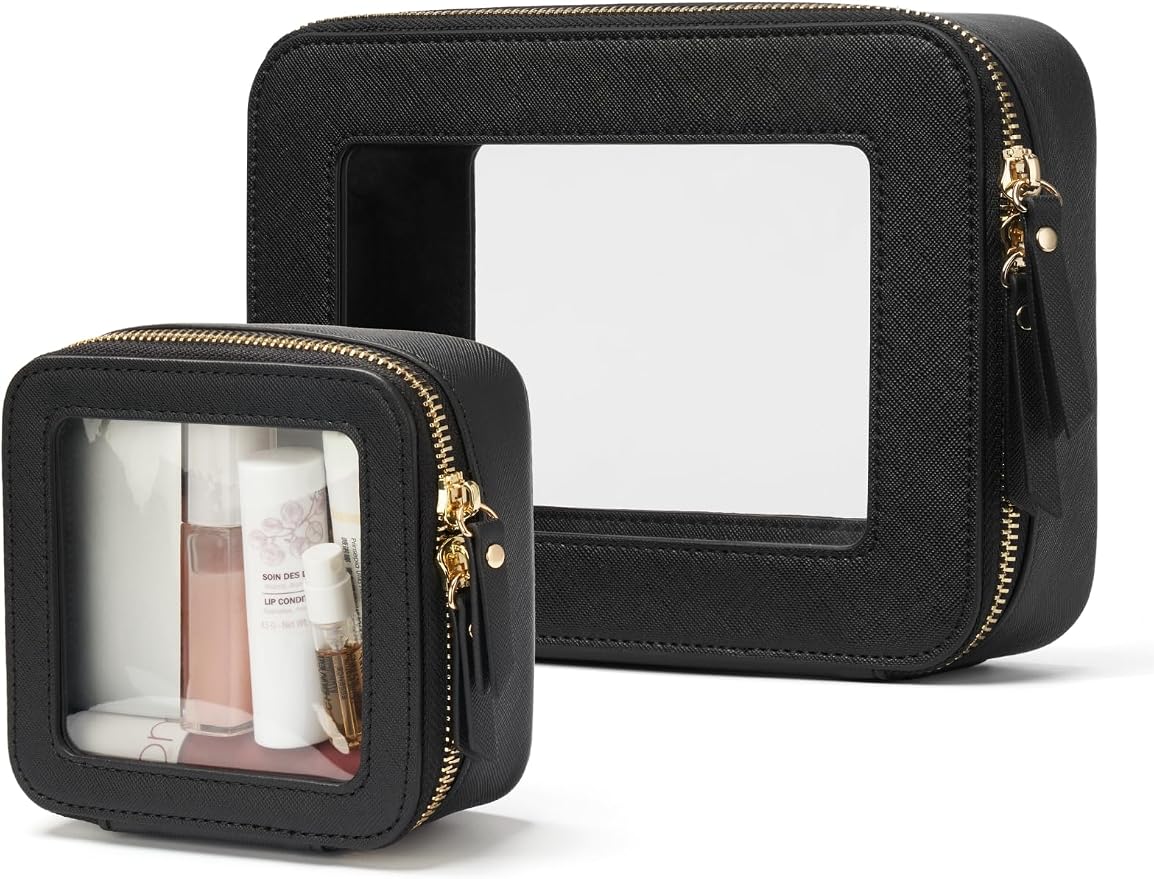 Clear Makeup Bag with Zipper, Set of 2, Mini and Medium, Black | Clear Travel Bags for Toiletries, Structured Cosmetic Case for Women, Waterproof PU Leather, Wide Open Portable Car Organier by POPVIBE