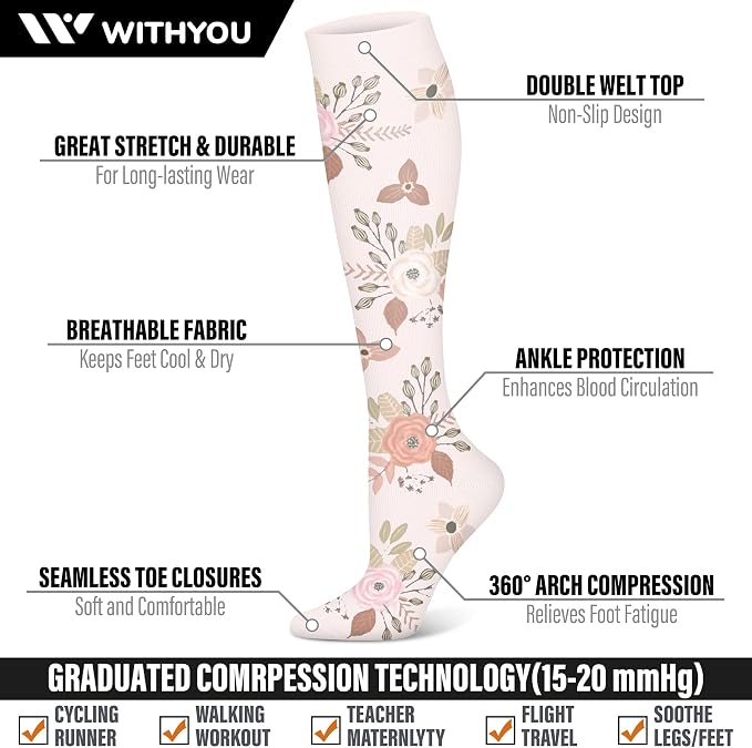 WITHYOU 3 Pairs Compression Socks for Women & Men 15-20 mmHg,Best Support for Nurses Running Hiking - Image 3
