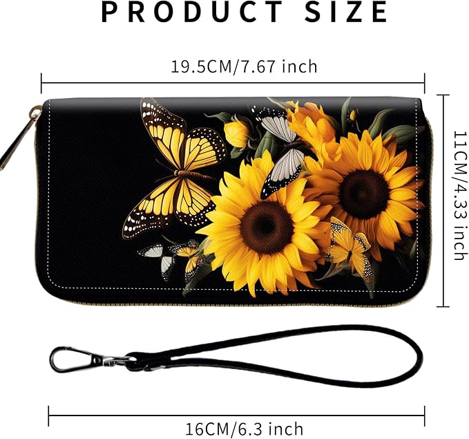 Wallet,Leather Long Wallet Suitable For Ladies And Teenagers - Detachable Wristband + RFID Travel Wallet With Card Slot - Sunflower Butterfly - Image 2