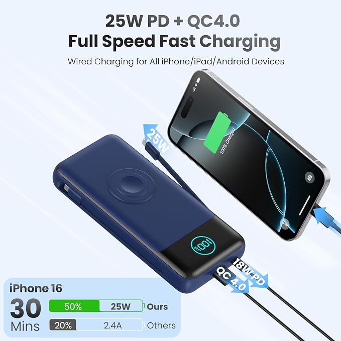Portable Charger for iPhone with Built-in Cables and AC Wall Plug,26800mah Fast Charging USB C Power Bank,25W PD Travel Essential Battery Pack for iPhone 17/16/15/14/13,Galaxy,Apple Watch (Blue) - Image 5