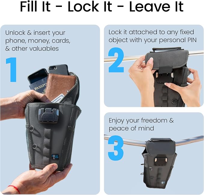 Portable Travel Safe Anti-Theft Cut-Resistant Beach Pool Lock Box | Grey. Cut-resistant nylon with water resistance and RFID blocking. Secures phones and valuables at the beach, pool or hotel. - Image 5