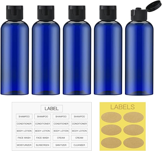 LISAPACK 3.4 oz Travel Bottles for Toiletries, Plastic Shampoo Containers | 5pcs small size dispenser, squeeze tubes, leak proof, small empty for liquid, lotion, conditioner, soap, 100 ml, TSA, blue - Image 6