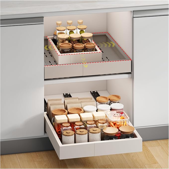 Fokyfok Pull out Cabinet Organizer,11"-16"W,13"-17"D,Expandable,Adhesive | No Drill,3 Rails,Adjustable Slide out Drawers for Kitchen,Pantry,Roll out Shelves,for Cabinets Without Lip,Bathroom,White,1PC by Fokyfok