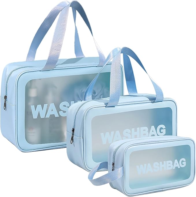 DAPOWER Travel Toiletry Bag for Women and Men, Matte Translucent Shower Bag with Handy Handle, Makeup Cosmetic Organizer Bag for Travel Toiletries Accessories (Blue) by DAPOWER