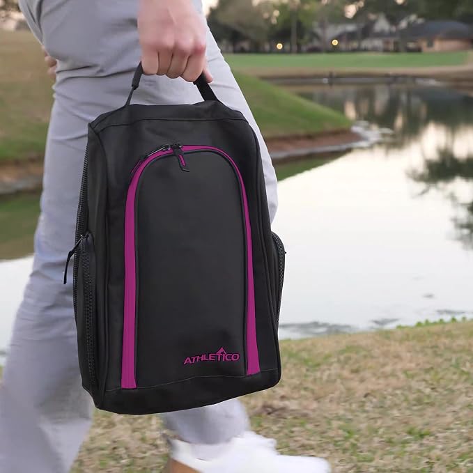 Athletico Golf Shoe Bag - Zippered Shoe Carrier Bags With Ventilation & Outside Pocket for Socks, Tees, etc. (Black/Pink) - Image 4