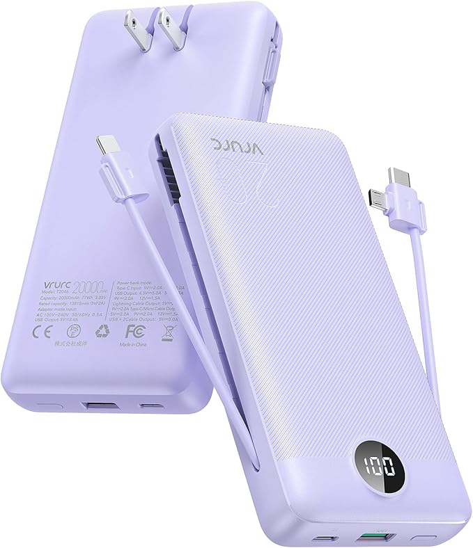 VRURC Portable Charger 20000mAh, Fast Charging Power Bank USB C,4 Output 2 Input Travel Essentials Charging Bank Equipped with LED Display,Built-in Wall Plug and Cables,Phone Charger Battery,Purple by Home