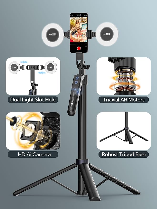 70.9" Auto Face Tracking Tripod 360° Rotation w/Light(UTK-02) | Phone Tripod for iPhone & Android,No App Needed,w/ Remote Control,Gesture Control,LED Light,1/4"Screw Mount,Video Recording - Image 7