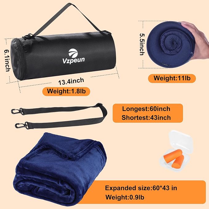 Travel Pillow and Blanket Set for Airplane, Hooded Memory Foam Neck Pillow | Soft blanket, privacy hood, earplugs, carry bag and memory foam neck support for airplane travel, long flights and road trips - Image 4