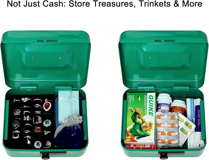 Jssmst Medium Cash Box with Combination Lock - Durable Metal Cash Box with Money Tray Green,7.87 x 6.3 x 3.35 inches - Image 5