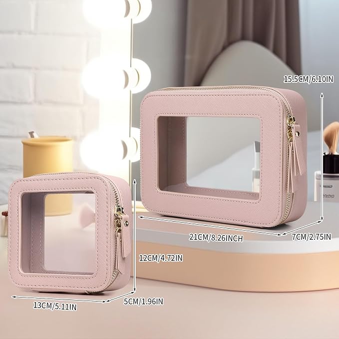 Pinkmik Clear Makeup Bag, (Pink, M+MINI) | 2PC,Waterproof, Travel Case for Cosmetics and Toiletries, Women's Purse Organizer, Clear Car Bag with Zipper - Image 4