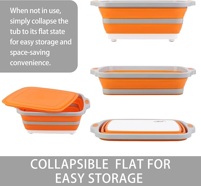 Collapsible Cutting Board with Container, Foldable Camping Sink with Colander, BBQ Prep Tub with Lid, Multifunction Dish Basin for Kitchen, Bowl, Vegetable and Fruit, 2.11 Gal/8L Storage Basket - Image 2