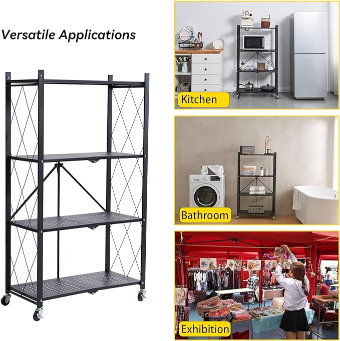 BRIAN & DANY 4-Tier Foldable Storage Shelves with Wheels, Folding Metal Rack Shelving Unit, Heavy Duty No Assembly Organizer Shelf for Garage, Kitchen, Basement, Pantry, Black - Image 6