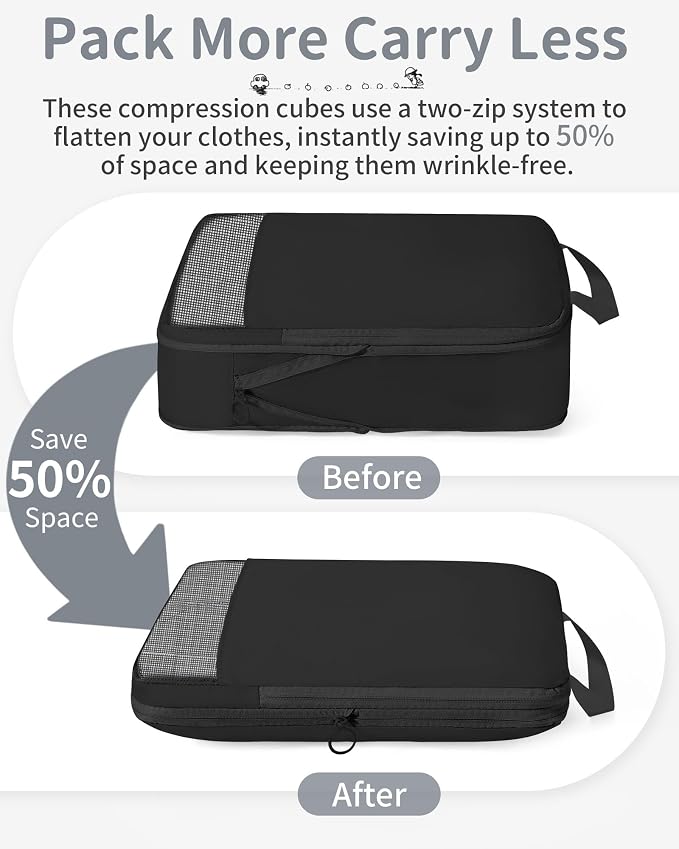 11-Piece Expandable Compression Packing Cubes, Travel Luggage Organizers Set for Suitcase, Lightweight Fabric Packing Bags for Travel Essentials Black - Image 3
