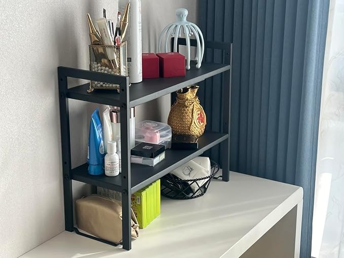 2 Tier Expandable Cabinet Shelf Organizer 14.5-25" L Kitchen Counter Shelf Rack Stand Sink Riser Countertop Storage Black (Normal 7.9”D) - Image 7