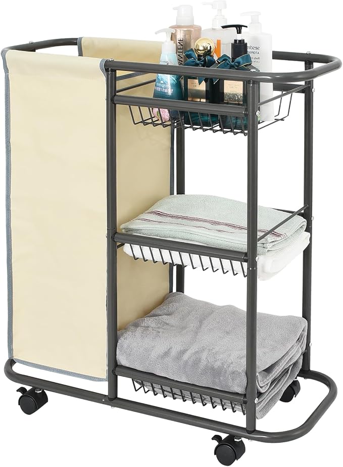 Rolling Laundry Basket with Wheels and Handle,3 Storage Baskets, 45 L Bag | Heavy Duty Laundry Cart, Space Saving Laundry Room Organization by Lucalda