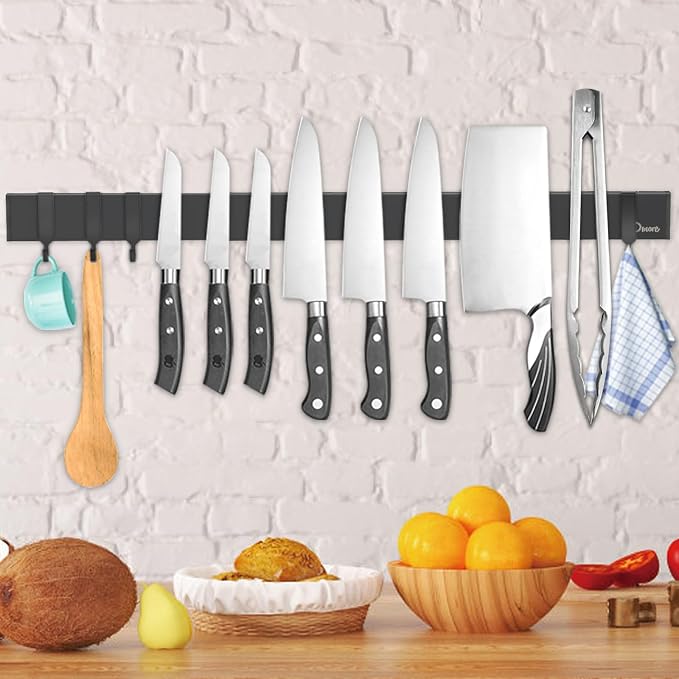 Dmore magnetic knife holder for wall—with 4 hooks, No Drilling 23 Inch black knife magnetic strip, Powerful knife magnet rack, include Adhesive Tape and screws for Knives, Utensils, and Tools by Dmorealwaysdomore