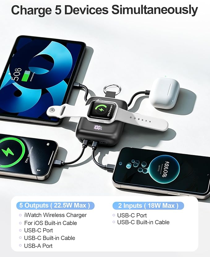 Portable Charger 3 in 1, Smaller 10000mAh Built-in Cables 22.5W Power Bank | Travel Essentials, Fast Charging, Keychain Battery Pack for iPhone17/16/15/14/13, Android, iWatch Ultra/11/10/9/8, Black - Image 8