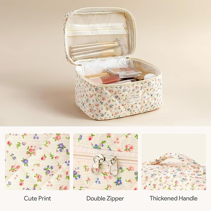 HBselect Quilted Makeup Bag, 3Pcs Cotton Large Travel Makeup Bags Organizer | Cute Floral Make up Bag Cosmetic Bag Toiletry Bag for Women Girls, Makeup Pouch for Skincare, Brushes & Travel Essentials - Image 3