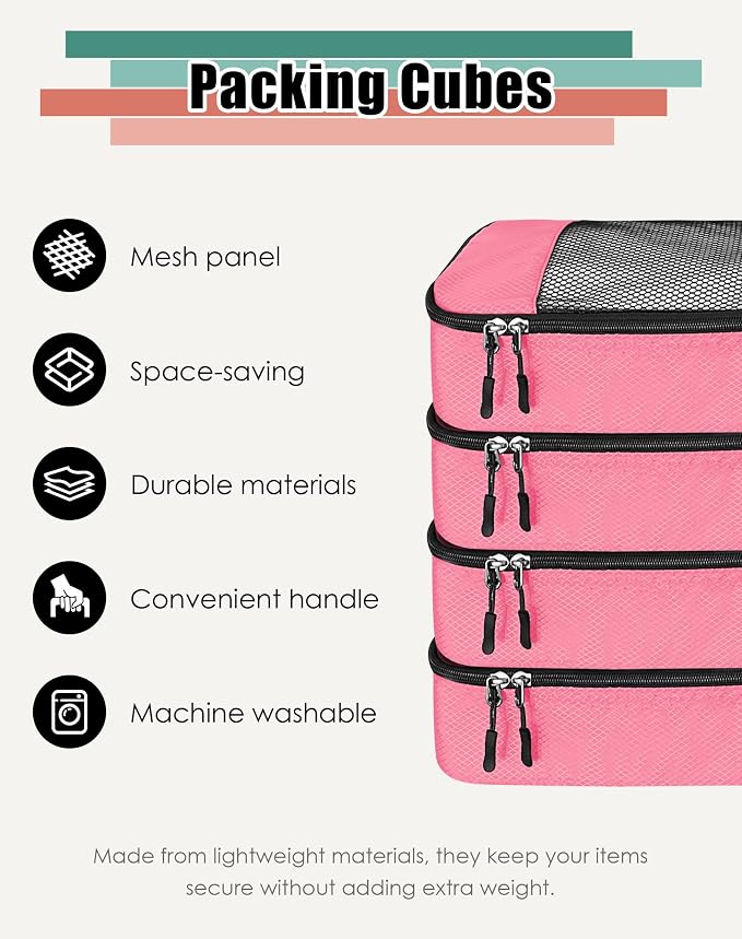 WTREE 4-Piece Packing Cubes Travel Accessories Set for Suitcases - Luggage Organizer Bags with Double Zipper - Mesh Top - Small - Pink - Image 2