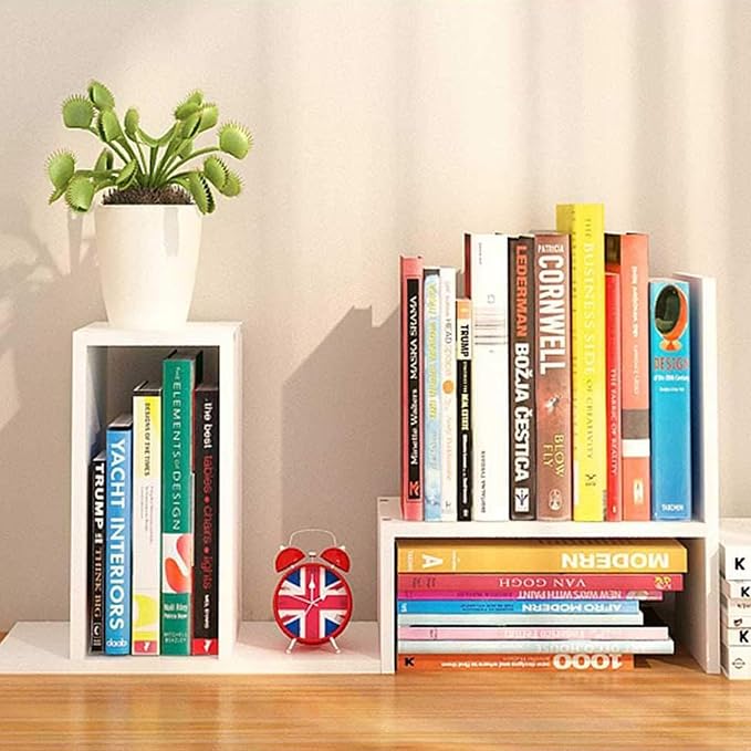 Desktop Shelf Organizer, Adjustable Wood Office Storage Rack, Counter Display Small Bookshelf for Home/Office/School(White) - Image 3