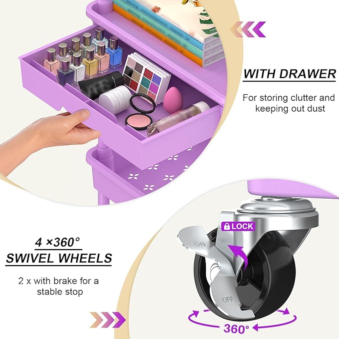 Goovilla 3 Tier Rolling Utility Cart Organizer with Removable Drawer,Purple | Stable and Sturdy Rolling Storage Carts with 2 Lockable Wheels for Bathroom, Kitchen, Snack, Craft, Makeup, Baby Essentials - Image 2