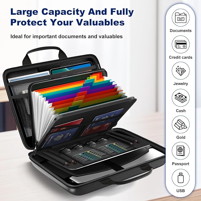 Fireproof Document Box, Hard Case Fireproof File Organizer Box with Lock and 13 Pocket Accordion File Folder, Portable Safe Box for Home Office Travel to Storage Important Documents Laptop Blue - Image 2