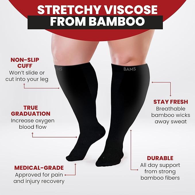 BAMS Plus Size Compression Socks Wide Calf XL XXL XXXL – Graduated Knee-High Support, Viscose from Bamboo Easy-On/Easy-Off - Image 5