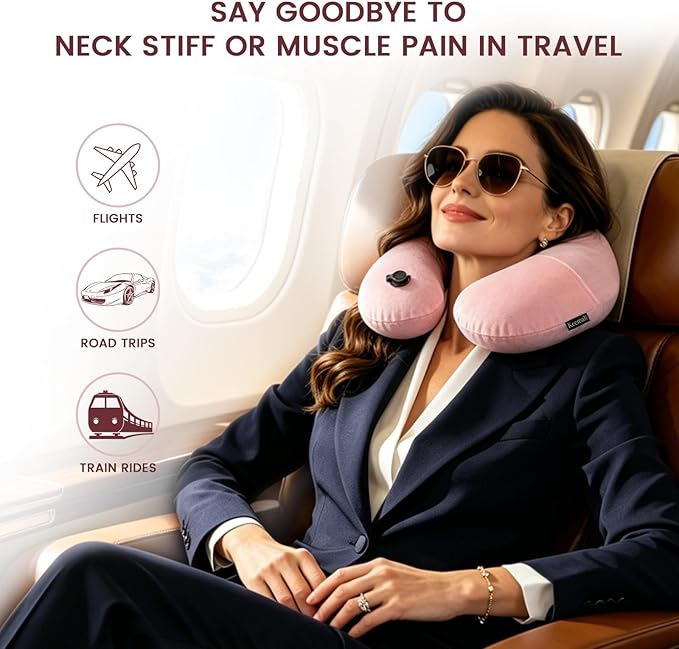 Keemall Inflatable Travel Neck & Shoulder Pillow for Airplanes&Long Trips | Soft Luxury Velvet Neck Support with Washable Cover, for Flights, Camping & Office, Great Travel Gift for Women & Girls, Pink - Image 6