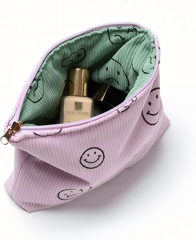 Cosmetic Bags for Women - Corduroy Cosmetic Bag Aesthetic Women Handbags Purses Smile Dots Makeup Organizer Storage Makeup Bag Girls Case Bags (Double Purple Green) - Image 5