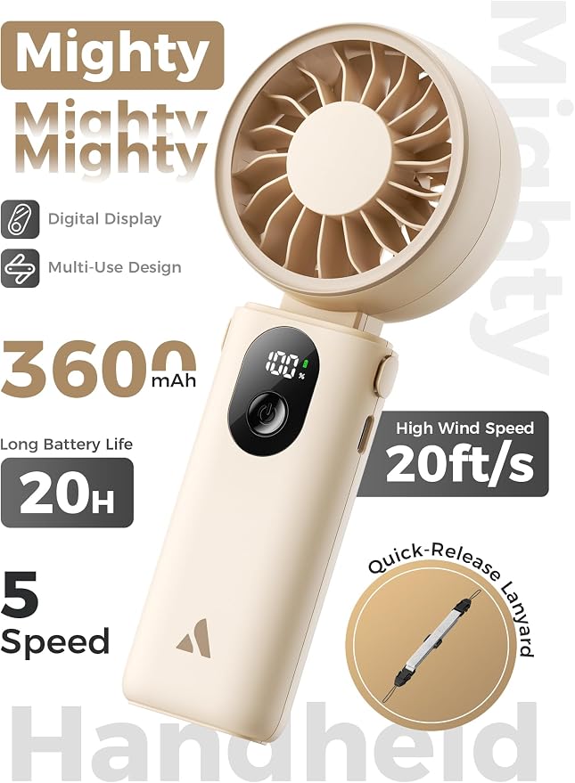 Aecooly Mighty Portable Handheld Fan | 20H Max Cooling | 3 Flexible Modes | 5 Speeds Wind | Battery Level Display | Mini USB Rechargeable Personal Battery Powered Fan Travel Gifts for Women -Beige - Image 2