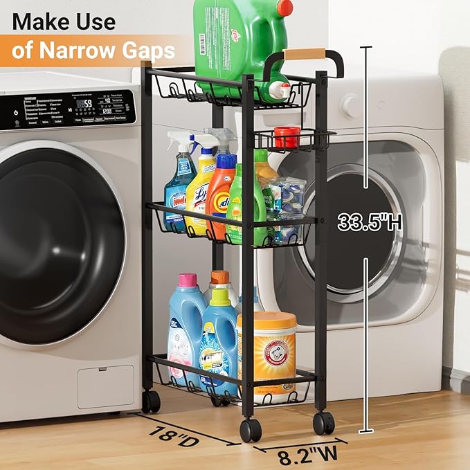 AOODA Laundry Room Cart with Top Detergent Holder, Metal Rolling Storage Cart Between Washer and Dryer, 3 Tier Narrow Laundry Room Organization and Storage with Wheels (Pure Black) - Image 2