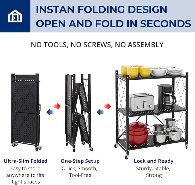 3 Tier Foldable Storage Shelves with Wheels, Metal Collapsible Organization Storage Rack, No Assembly Folding Bookshelf, Rolling Storage Rack for Kitchen, Bedroom, Pantry, Garage, Display, Black - Image 4